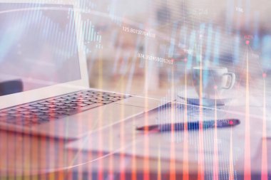 Bilgisayar geçmişi olan eski grafik hologramı. Çifte maruziyet. Finans piyasası kavramı.