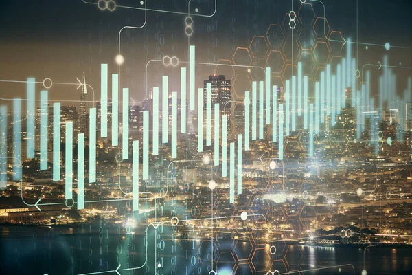 고층 건물 배경 이중 노출와 야간 도시 풍경에 금융 그래프. 분석 개념. — 스톡 사진