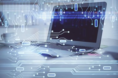 Bilgisayar ve teknoloji temalı çizimlere çifte maruz kalma. Yenilik kavramı.