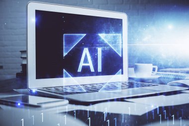 Bilgisayarın arka plan ve teknoloji temalı çizimlerine çoklu maruz kalma. Yenilik kavramı.