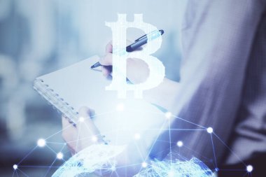 Şifreli para hologramı, kadınların el yazısı üzerine. Engelleme zinciri kavramı. Çift pozlama