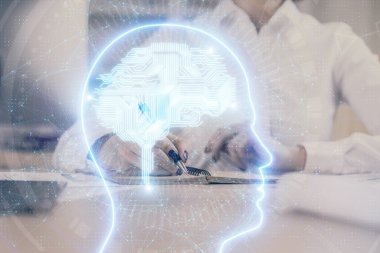 Arka planda beyin hologramıyla el yazısına çok maruz kalmış. Kendi kendine öğrenme kavramı.