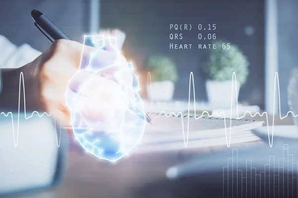 Heart hologram over womans hands writing background. Concept of Medical study. Multi exposure — Stock Photo, Image