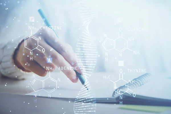 Hologram s tématem DNA nad ženskýma rukama a psaním pozadí. Pojem vzdělání. Dvojitá expozice — Stock fotografie