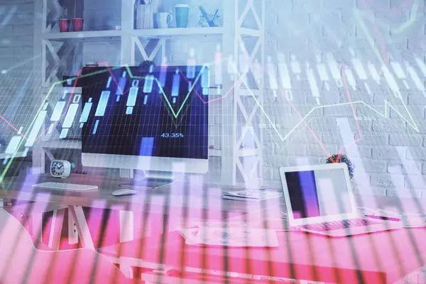 Double exposure of financial graph drawing and office interior background. Concept of stock market. — Stock Photo, Image