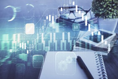 Ön plan çizimi ve cep telefonu arkaplanı çift pozlama. Finansal ticaret kavramı