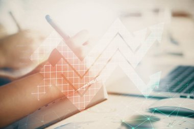 Double exposure of arrow drawing over people taking notes background. Concept of growth