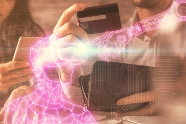 Ar-Ge 'nin hologram çiziminde kadın ve erkeğin kredi kartı ve insan alışverişine iki kez maruz kalmışlar. Sanal gerçeklik Eğitim E-ticaret kavramı.