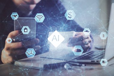 Dijital bir cihaz ve veri temalı çizim kullanarak erkeklerin el ele tutuşması. Yenilik kavramı.