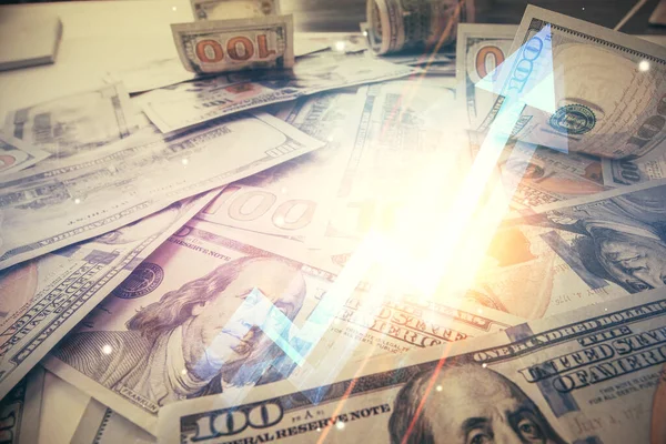 Double exposure of grow arrows drawing over usa dollars bill background. Concept of success. — Stockfoto