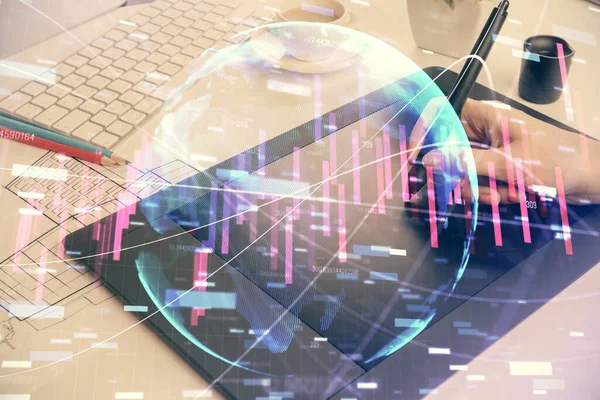 Double exposure of financial graph sketch hologram and woman holding and using a mobile device. Stock exchange concept. — Stock Photo, Image