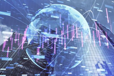 Gökdelenler, duvar kağıtları ve çoklu pozlama ile şehir manzarasının eski çizelgesi. Finansal araştırma kavramı.