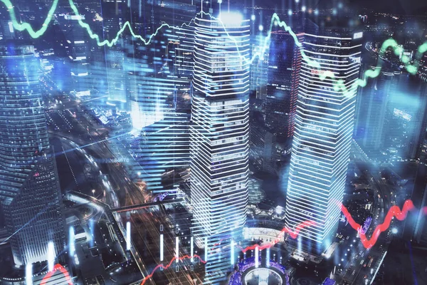 Финансовая диаграмма городского пейзажа с высоким фоном зданий мульти экспозиции. Концепция анализа . — стоковое фото