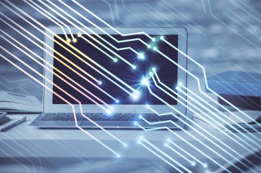 Bilgisayar ve teknoloji temalı çizimlere çifte maruz kalma. Yenilik kavramı.