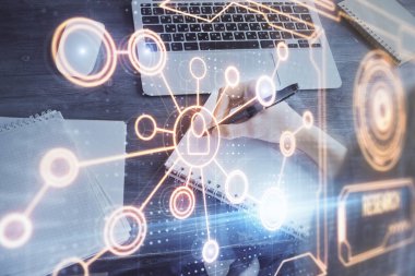 Kadınların el yazısı üzerine sosyal ağ temalı hologram. Uluslararası insanlar birbirine bağlanır. Çift pozlama