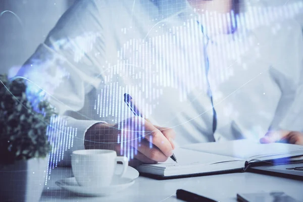 Double exposure of hands and notepad with business icons. — Stock Photo, Image