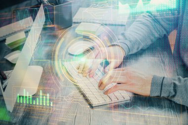 Bilgisayar arkaplanı üzerinde çalışan elleri olan iki kez teknolojik çizimlere maruz kalmış. Yenilik kavramı.