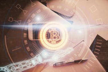 Telefonlu masanın üzerinde iki kat daha fazla engelleme temalı hologram görüntüsü var. Üst Manzara. Kripto teknolojisi kavramı.