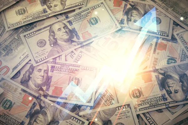 Double exposure of grow arrows drawing over usa dollars bill background. Concept of success. — Φωτογραφία Αρχείου