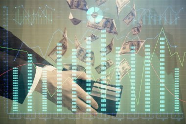 Finansal grafiğe çoklu pozlama hologram, Amerikan dolarları ve insan eli. Analiz kavramı.