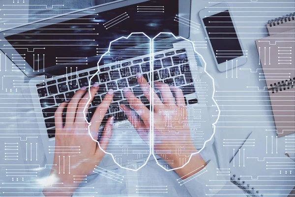 Double exposure of woman working on computer andhuman brain hologram drawing. Top View. Ai concept. — Stock Photo, Image