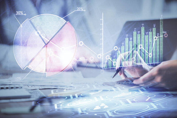 Multi exposure of woman hands typing on computer and financial chart hologram drawing. Stock market analysis concept.