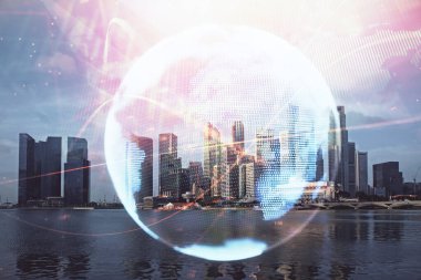 İş temalı hologram çizimine ve şehrin arka planına çifte maruz kalma. Başarı kavramı.