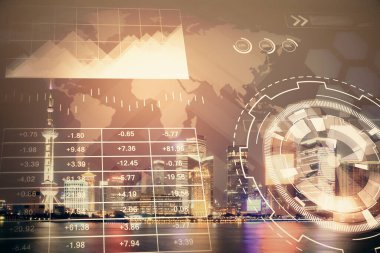 Yüksek binalar arka plan çift pozlama ile gece şehir scape mali grafik. Analiz kavramı.
