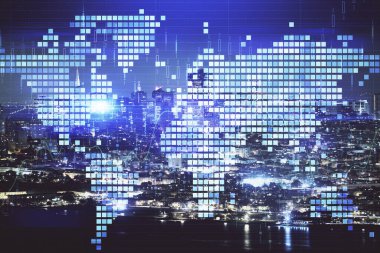 İş temalı hologram çizimine ve şehrin arka planına çifte maruz kalma. Başarı kavramı.