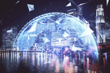 İş temalı hologram çizimine ve şehrin arka planına çifte maruz kalma. Başarı kavramı.