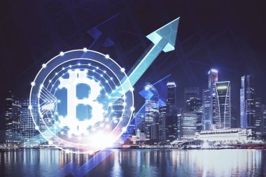 Kripto para birimi temalı hologram çizimine ve şehrin arka planına çoklu maruz kalma. Engelleme zinciri ve bitcoin kavramı.