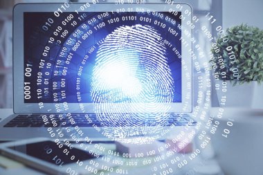 Ofisteki bilgisayarın parmak izi çizimi. Çifte maruziyet. İş veri güvenliği kavramı.