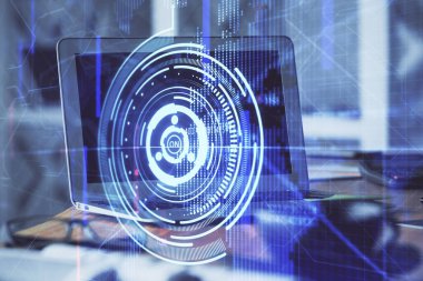 Bilgisayarın arka plan ve teknoloji temalı çizimlerine çoklu maruz kalma. Yenilik kavramı.