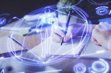 Eğitim temalı hologram, kadınların el yazısı üzerine. Öğrenim anlayışı. Çift pozlama