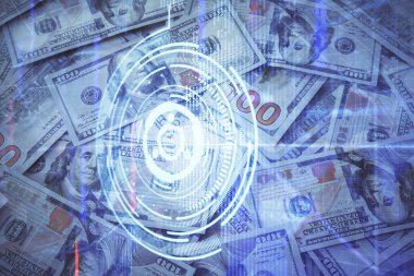 İki kez veri temasına maruz kalınca dolar banknotları arka planda kalıyor. Teknoloji konsepti.
