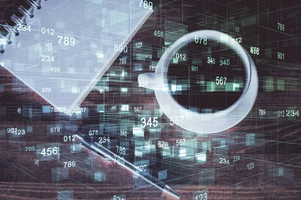 Doble exposición de la tecnología tema dibujo sobre escritorio de mesa de trabajo. Vista superior. Concepto de análisis global de datos. —  Fotos de Stock