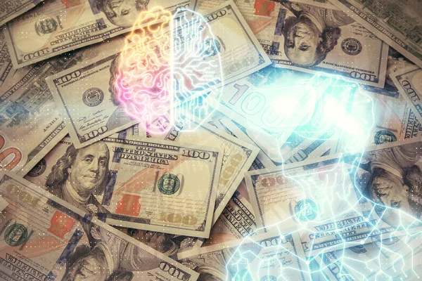 Двойное воздействие человека в очках виртуальной реальности, рисующего на фоне банкнот в долларах США. Концепция виртуальной реальности . — стоковое фото