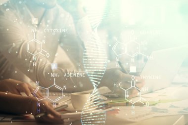 Double exposure of man and woman working together and DNA hologram drawing. Medical education concept. Computer background.