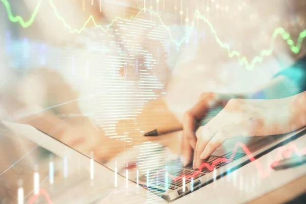 Double exposure of woman hands typing on computer and forex chart hologram drawing. Stock market invest concept. — Stock Photo, Image