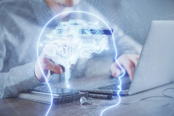 Doble exposición de las manos del hombre escribiendo en el ordenador con tarjeta de crédito y el dibujo del tema del cerebro. Concepto de comercio electrónico e IA. —  Fotos de Stock