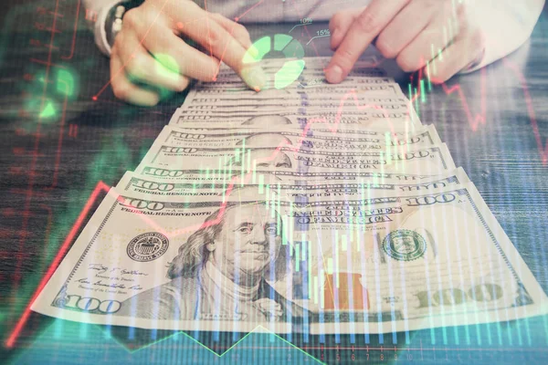 Multi exposure of forex graph drawing hologram and USA dollars bills and man hands. Technical Analysis concept. — Stock Photo, Image