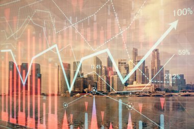 Yüksek binaların arka planında çoklu pozlama olan eski şehir haritası. Finansal araştırma kavramı.