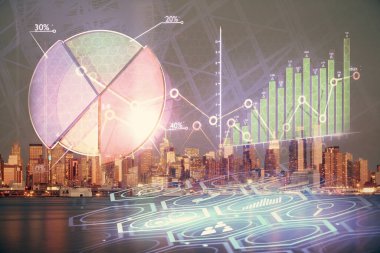 Yüksek binalar arka plan çift pozlama ile gece şehir scape mali grafik. Analiz kavramı.