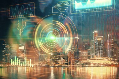 Veri temalı hologram gökdelenler arka planda çoklu pozlama ile şehir görünümüne çizim yapıyor. Ai kavramı.