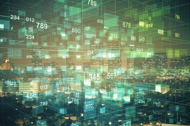 Veri temalı hologram gökdelenler arka planda çoklu pozlama ile şehir görünümüne çizim yapıyor. Ai kavramı.