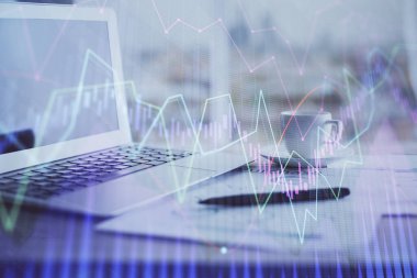 Bilgisayar geçmişi olan eski grafik hologramı. Çifte maruziyet. Finans piyasası kavramı.