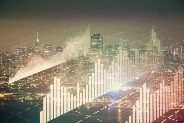Οικονομικό γράφημα για το νυχτερινό τοπίο της πόλης με ψηλά κτήρια στο παρασκήνιο διπλής έκθεσης. Έννοια ανάλυσης. — Φωτογραφία Αρχείου