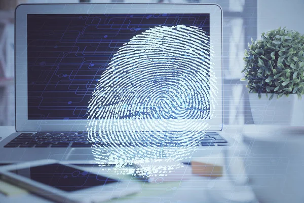 Computer on desktop in office with finger print drawing. Double exposure. Concept of business data security. — Stock Photo, Image