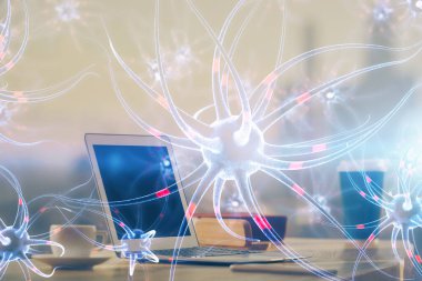 Masaüstü bilgisayar arkaplanı ve nöron çizimi. Çifte maruziyet. Eğitim kavramı.