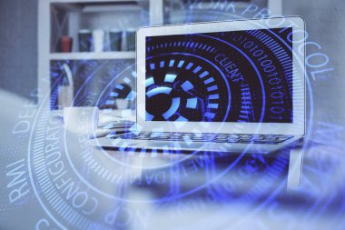 Teknoloji temalı çizim ve bilgisayarlı masa. Çoklu maruz kalma. Bilgi kavramı.